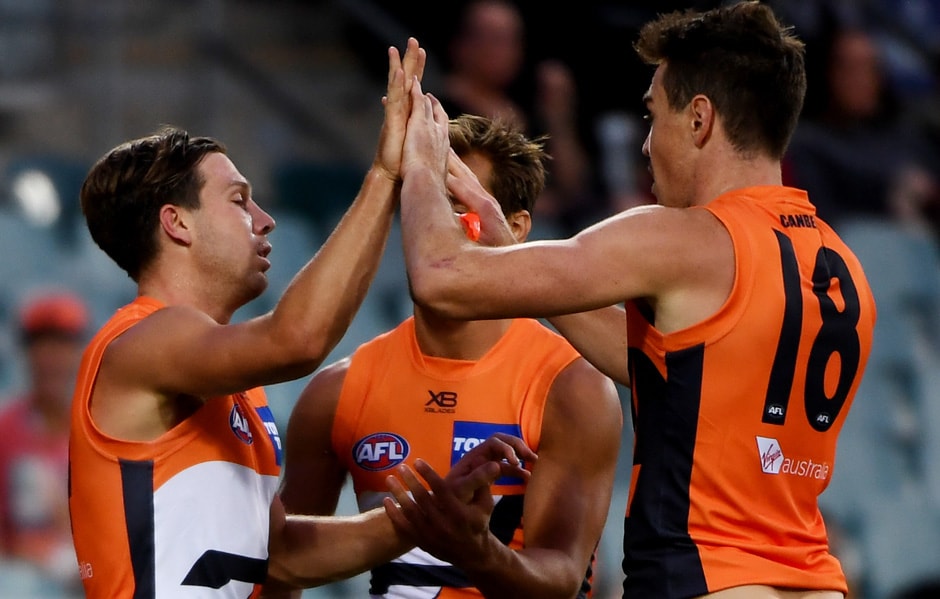 Toby Greene impressed in his first match for 2019. Toby Greene impressed in his first match for 2019. - AFL,GWS Giants,JLT Series,Adelaide Crows,UNSW Canberra Oval,Toby Greene